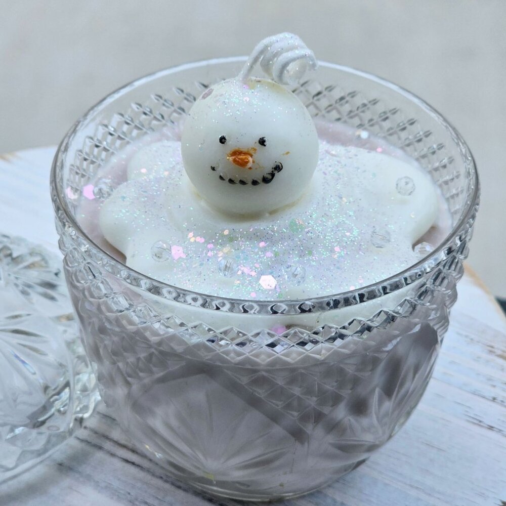 Hand Crafted Gingerbread Snowman Soy Candle Vintage Glass Lidded Candy Dish NWT - Picture 6 of 12